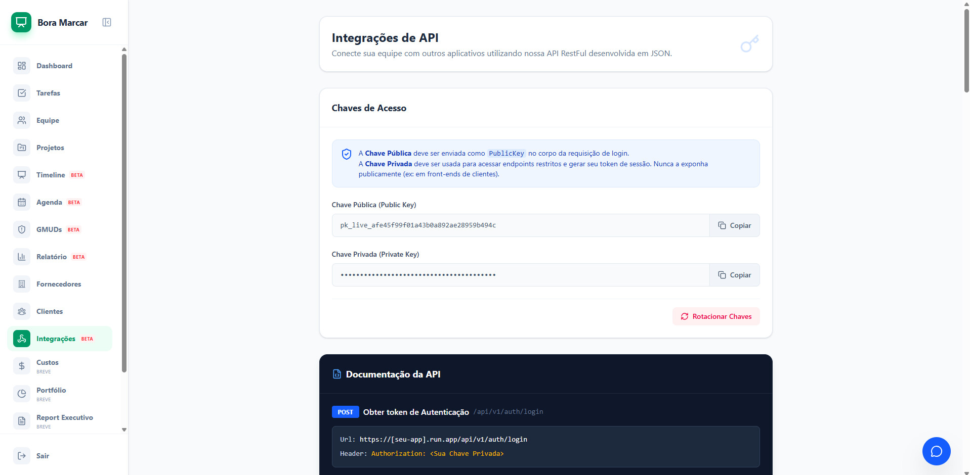 Integrações de API: chaves pública/privada e documentação para conectar o Bora Marcar a outros sistemas.