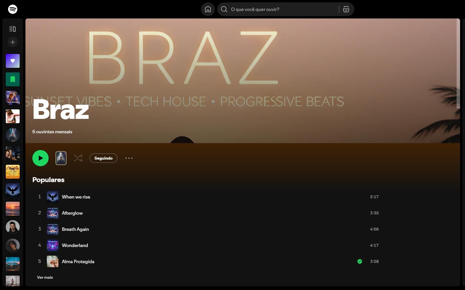 Página do artista Braz no Spotify, com as faixas mais ouvidas.