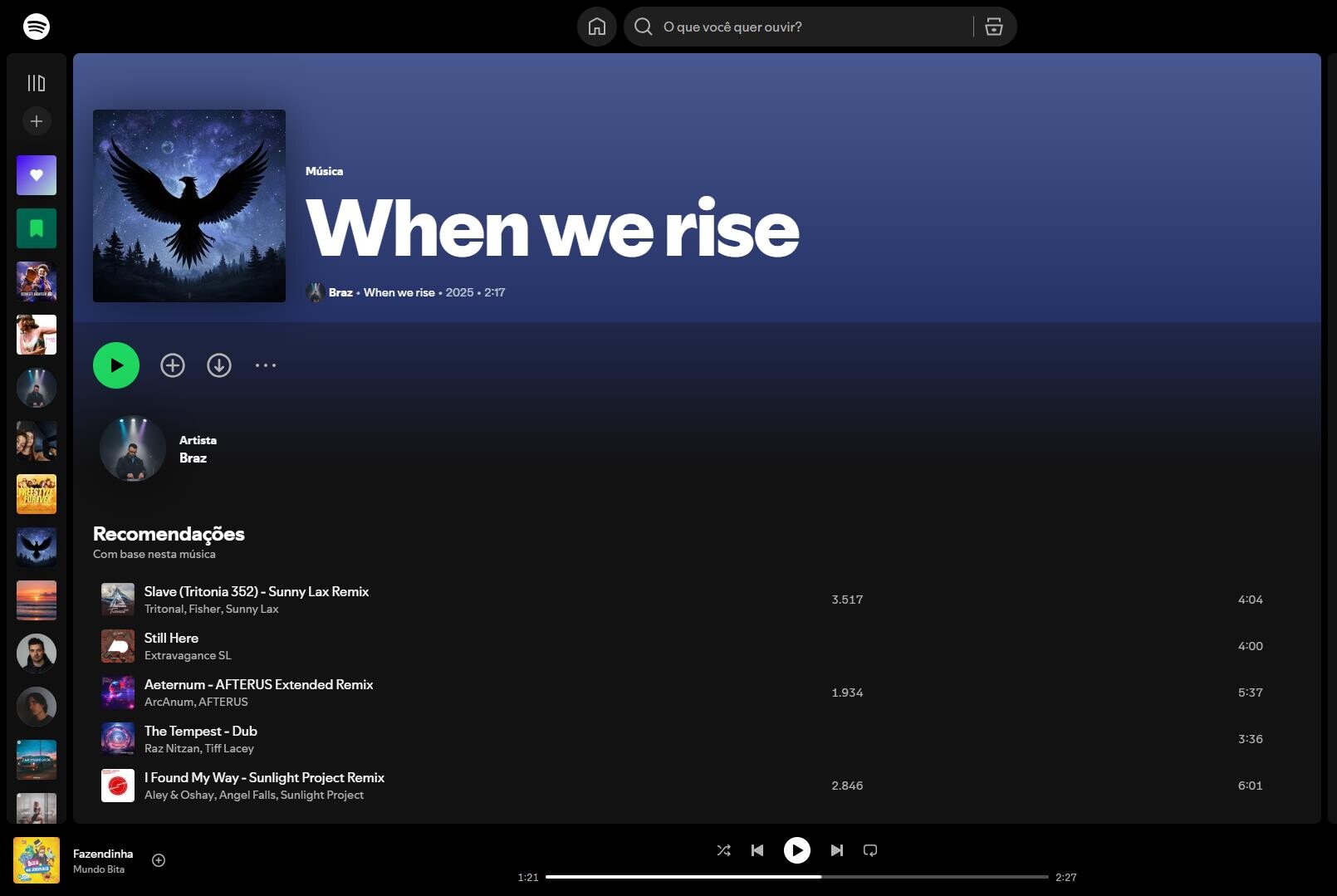 Página da faixa 'When we rise', com capa, artista e recomendações relacionadas.