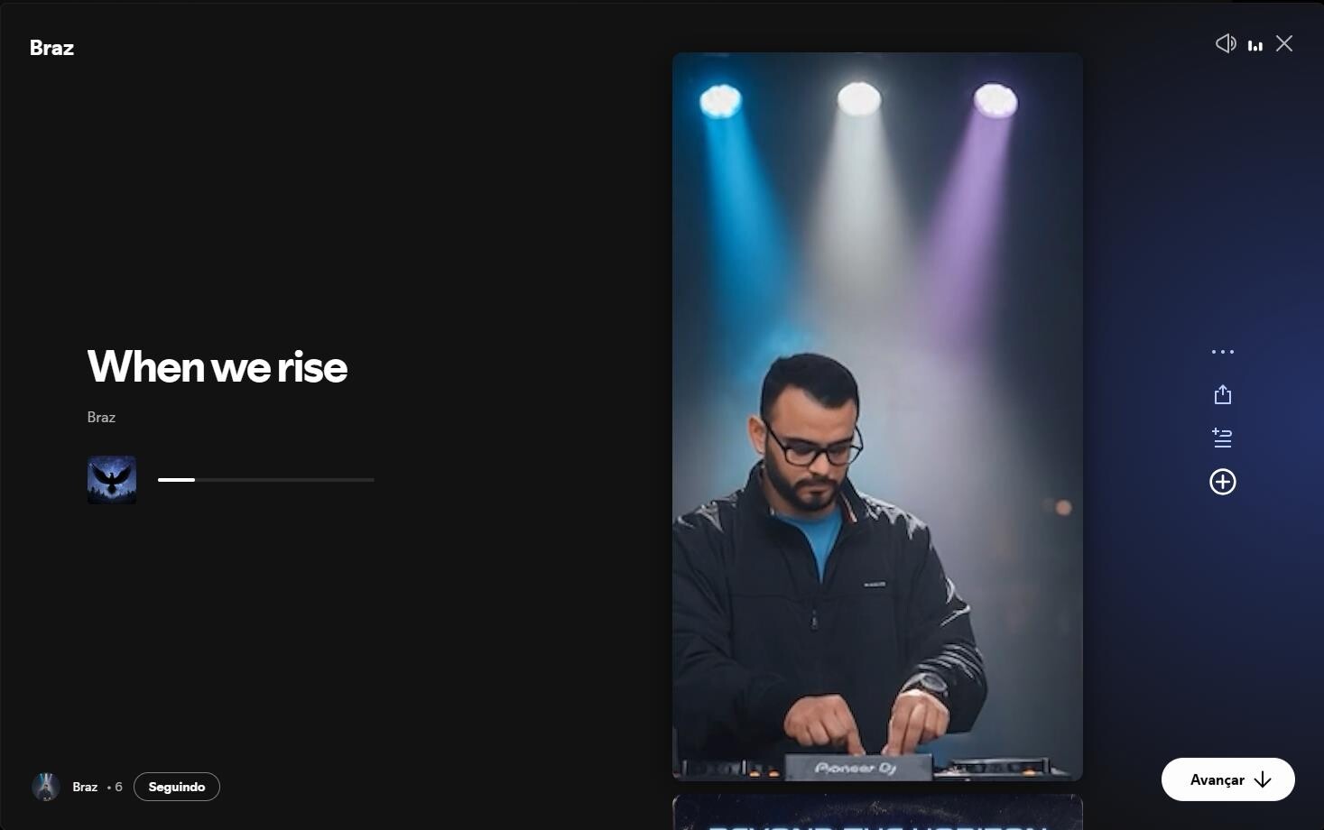 Player em tela cheia durante a reprodução de 'When we rise'.