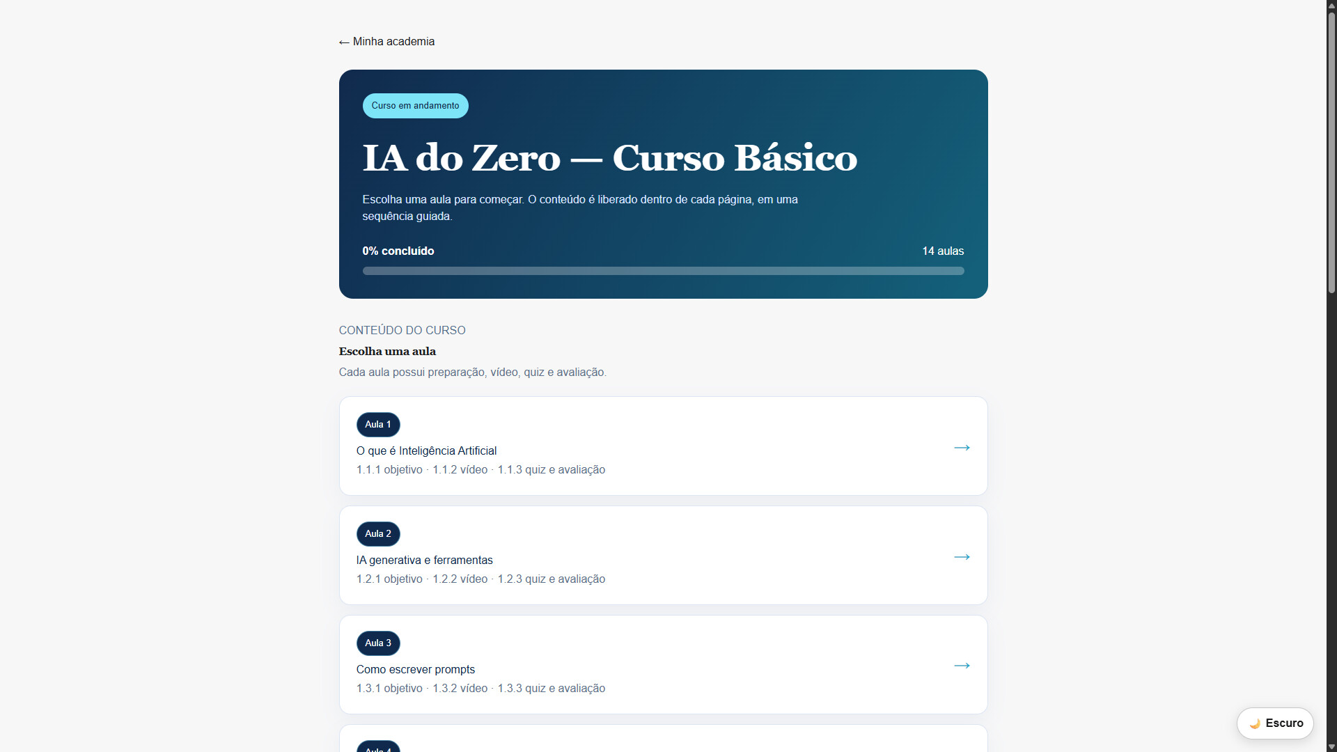 Curso 'IA do Zero': lista de aulas, cada uma com preparação, vídeo e quiz de avaliação.