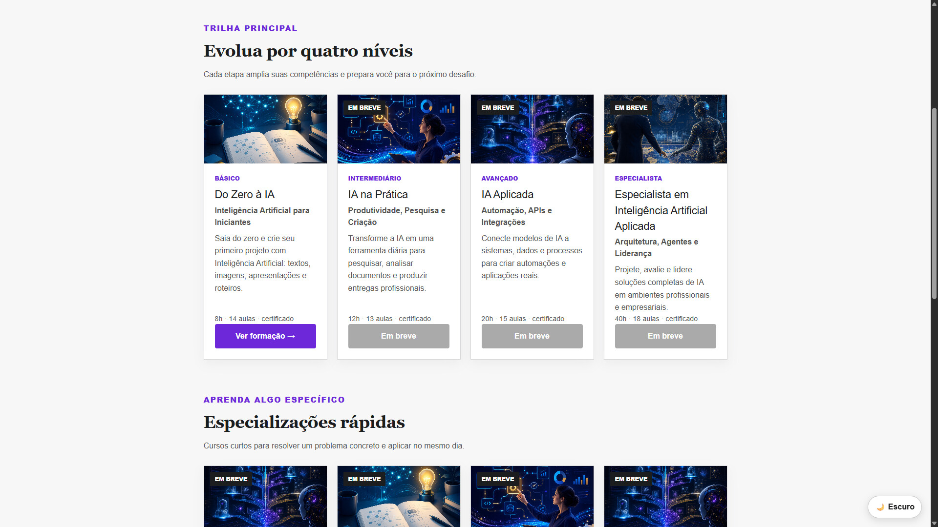 Trilha principal: quatro níveis, do básico ao especialista, cada um com carga horária e certificado.