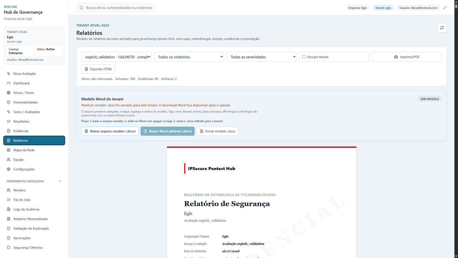 Relatórios: geração com modelo Word personalizável por empresa, tags de mesclagem e exportação em PDF/HTML.