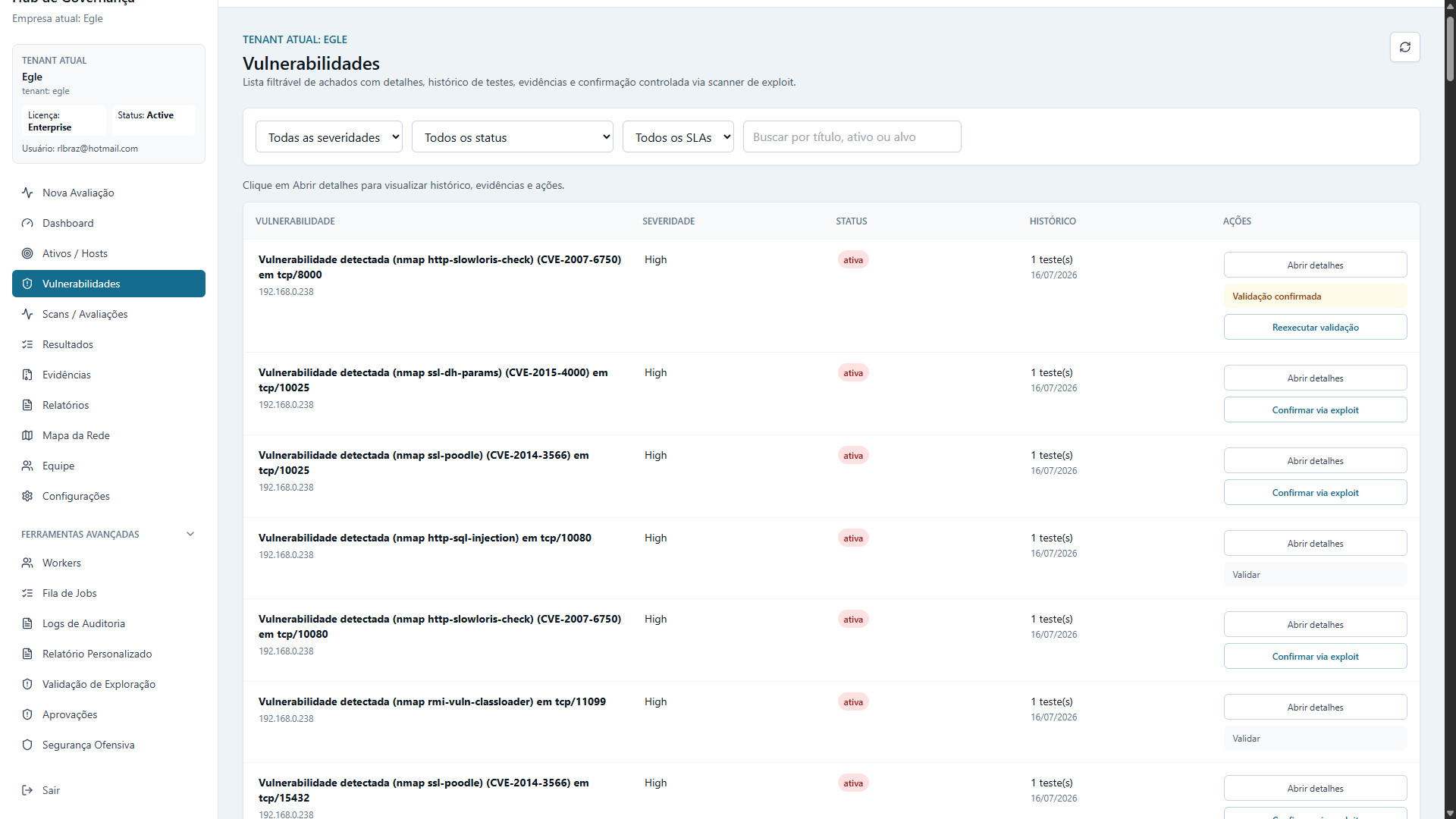 Vulnerabilidades: lista filtrável por severidade e status, com histórico de testes e ações de confirmação via exploit.